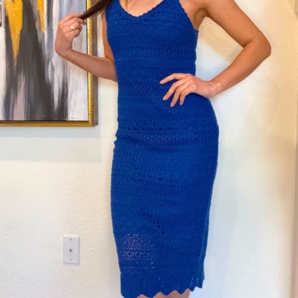 Freshman 1996 Royal Blue Summer Crochet Lined Tank Scallop Hem Bodycon Dress XS - Picture 1 of 8